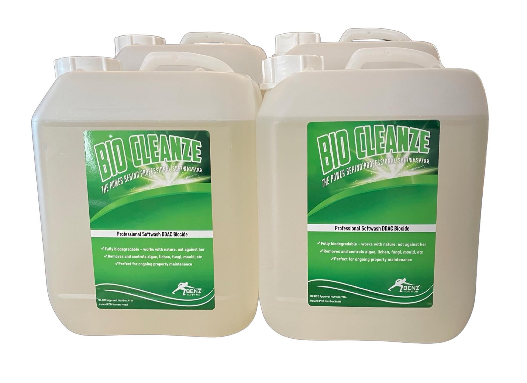 BIO CLEANZE – 50% ddac softwash biocide: Treats the biofilm on roofs, render, walls, patios, paths & naturally deep cleans over time.